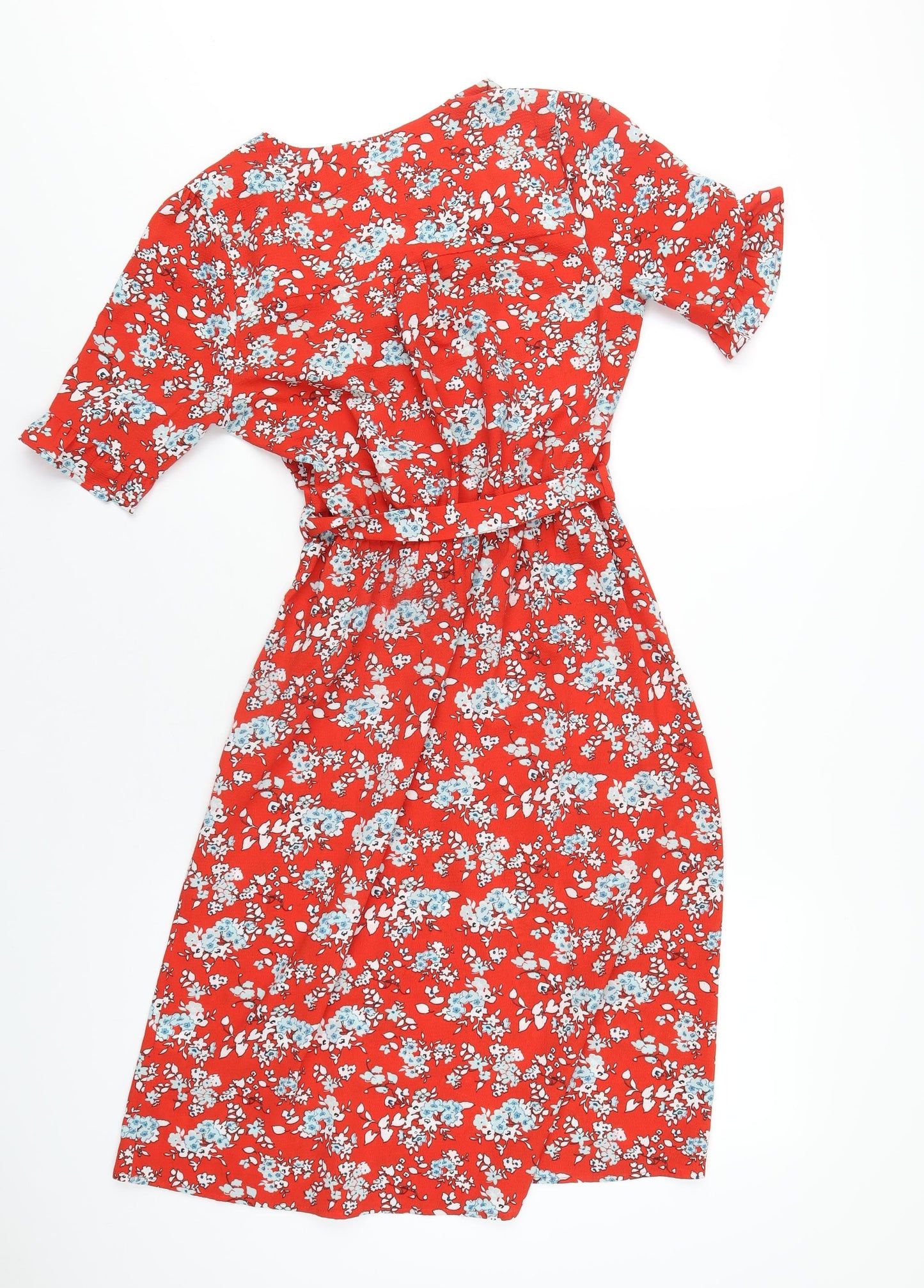 Monteau Womens Red Floral Polyester A-Line Size S V-Neck Button