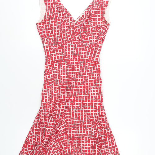 Coast Womens Red Geometric Silk A-Line Size 8 V-Neck Zip