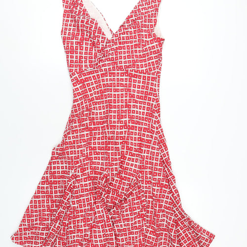 Coast Womens Red Geometric Silk A-Line Size 8 V-Neck Zip