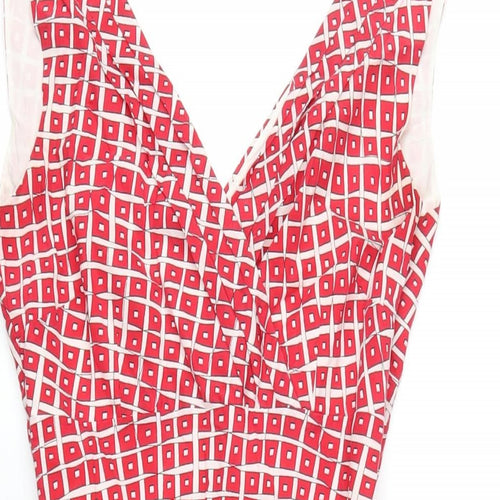 Coast Womens Red Geometric Silk A-Line Size 8 V-Neck Zip