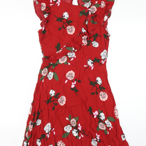 Miss Selfridge Womens Red Floral Viscose A-Line Size 10 Round Neck Zip