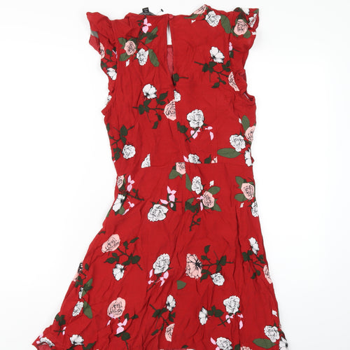 Miss Selfridge Womens Red Floral Viscose A-Line Size 10 Round Neck Zip