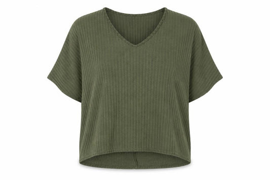 Front view of New Look women’s green polyester basic t-shirt, size M, v-neck