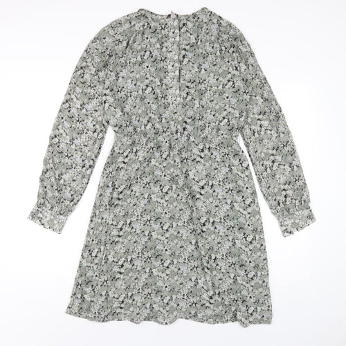 H&M Womens Green Floral Polyester A-Line Size S Round Neck Button