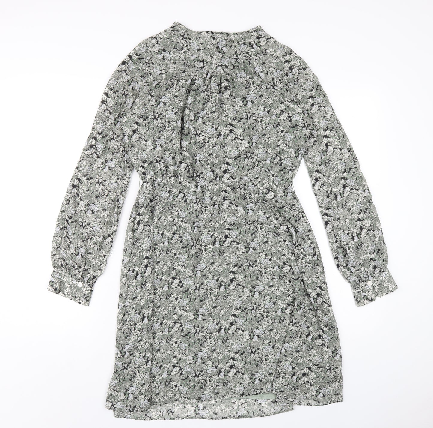 H&M Womens Green Floral Polyester A-Line Size S Round Neck Button