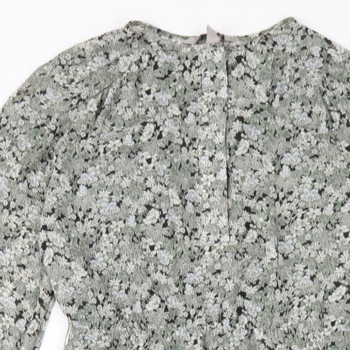 H&M Womens Green Floral Polyester A-Line Size S Round Neck Button