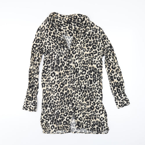 Topshop Womens Beige Animal Print Viscose Basic Button-Up Size 10 Collared
