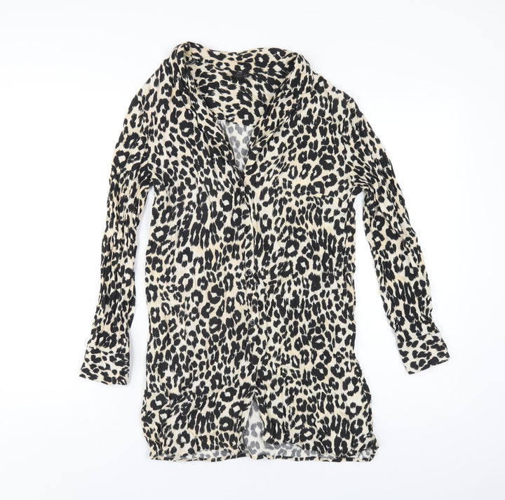 Topshop Womens Beige Animal Print Viscose Basic Button-Up Size 10 Collared
