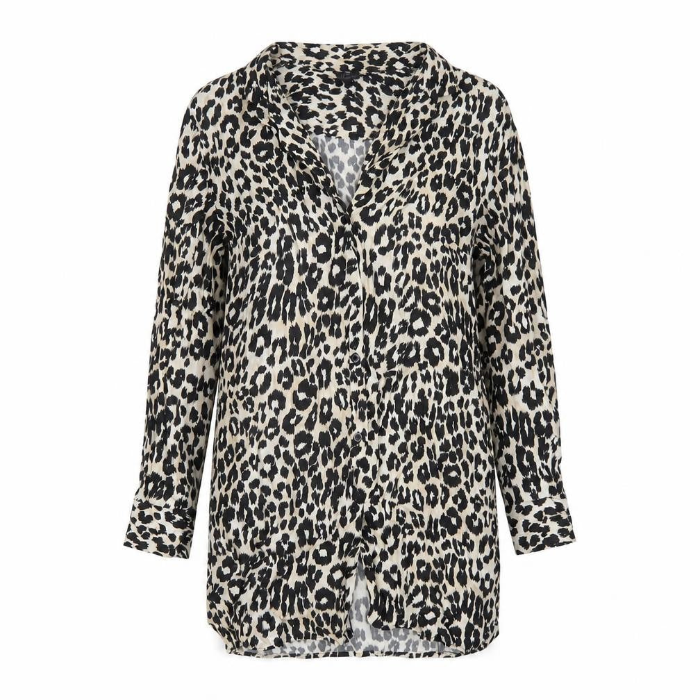 Front view of Topshop women’s beige animal print viscose basic button-up, size UK 10, collared