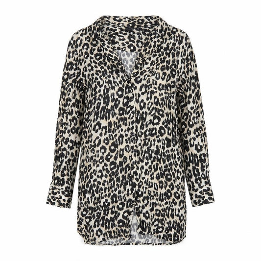 Front view of Topshop women’s beige animal print viscose basic button-up, size UK 10, collared