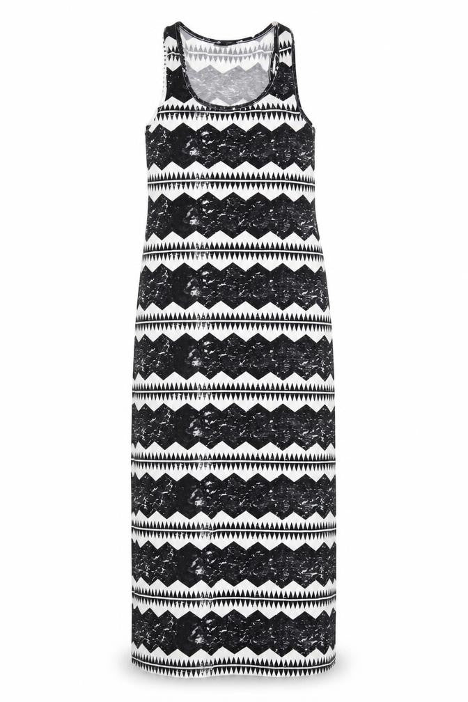 Front view of Topshop women’s black geometric polyester tank dress, size UK 12, scoop neck pullover