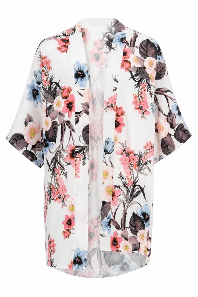Front view of Select women’s multicoloured floral polyester kimono blouse, size UK 10, v-neck