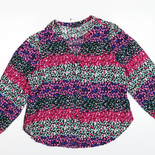 Marks and Spencer Womens Multicoloured Floral Viscose Basic Button-Up Size 8 V-Neck