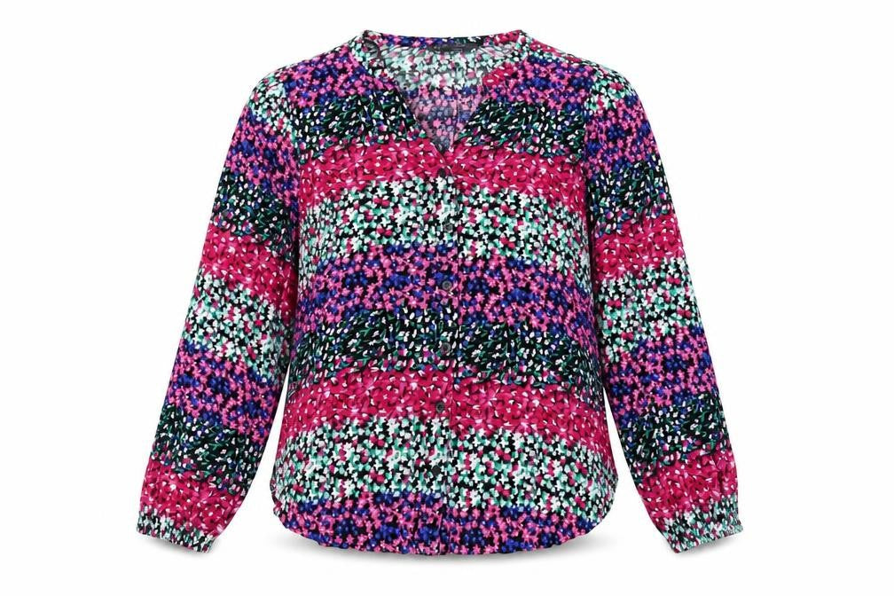 Front view of Marks & Spencer women’s multicoloured floral viscose basic button-up, size UK 8, v-neck