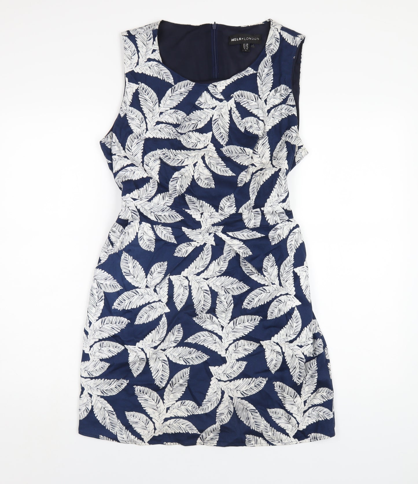 Mela London Womens Blue Geometric Cotton A-Line Size 14 Round Neck Zip