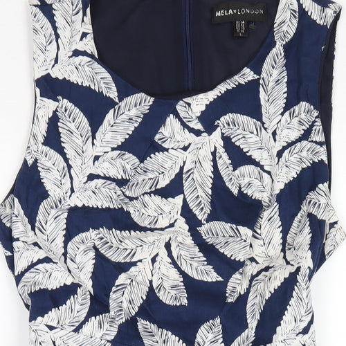 Mela London Womens Blue Geometric Cotton A-Line Size 14 Round Neck Zip