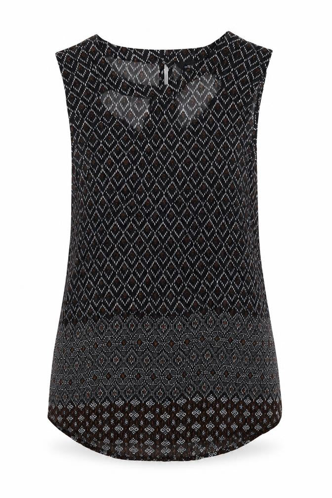 Front view of New Look women’s black geometric viscose basic tank, size UK 8, round neck