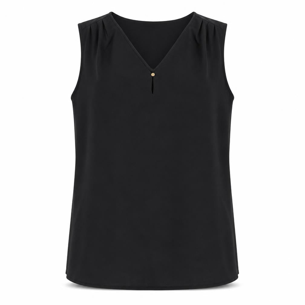 Front view of Marks & Spencer women’s black polyester basic tank, size UK 14, v-neck