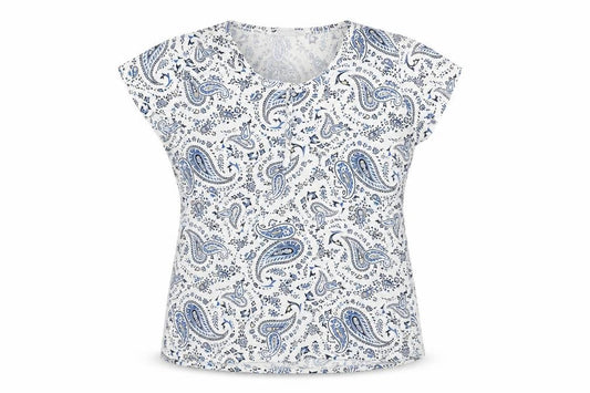 Front view of Radaus women’s white paisley polyester basic t-shirt, size 2XL, round neck