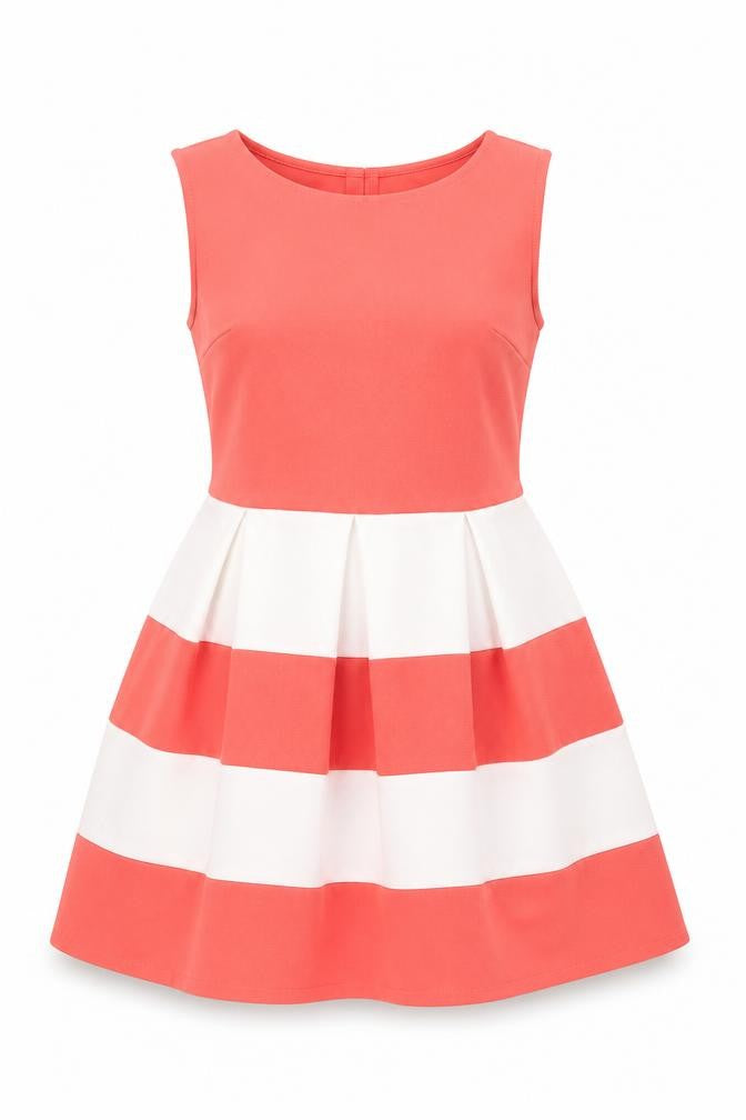 Front view of Cameo Rose women’s pink striped polyester a-line, size UK 14, round neck pullover