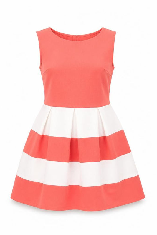 Front view of Cameo Rose women’s pink striped polyester a-line, size UK 14, round neck pullover