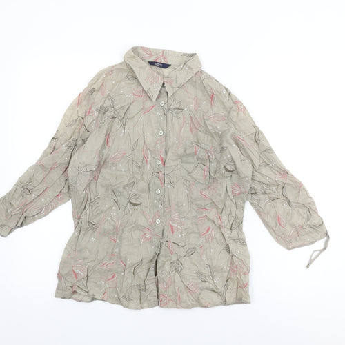 Marks and Spencer Womens Brown Floral Cotton Basic Button-Up Size 16 Collared