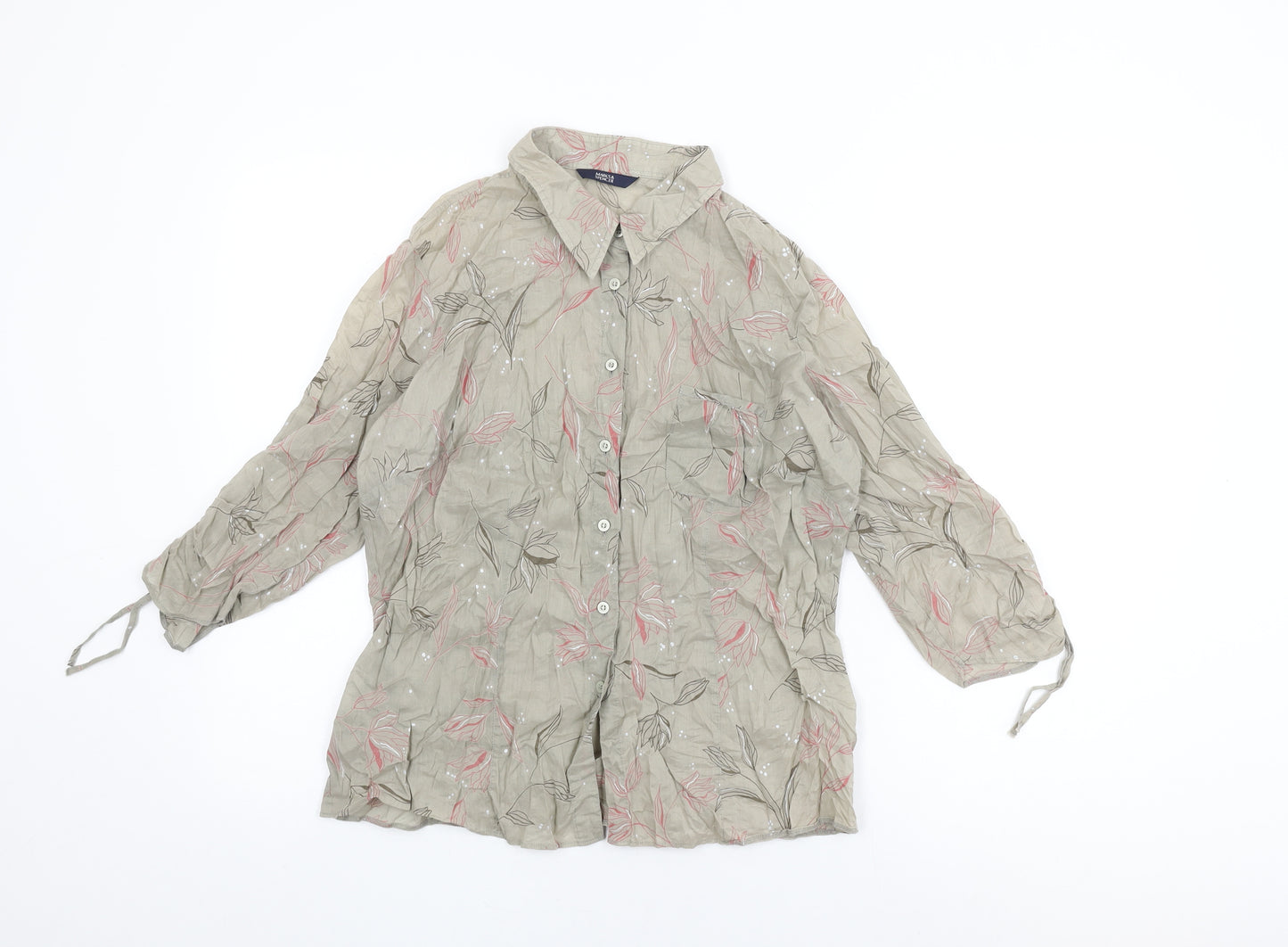 Marks and Spencer Womens Brown Floral Cotton Basic Button-Up Size 16 Collared