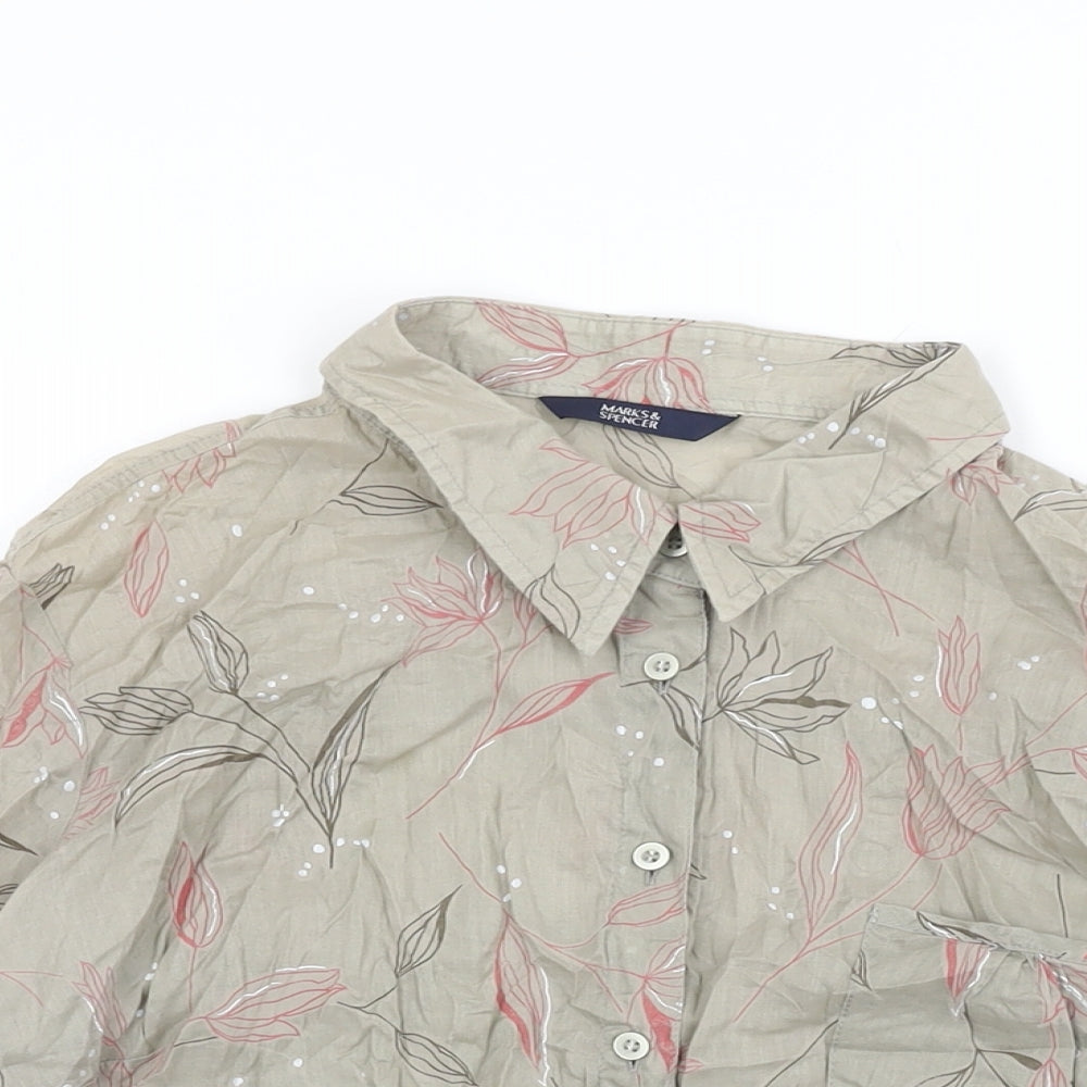 Marks and Spencer Womens Brown Floral Cotton Basic Button-Up Size 16 Collared