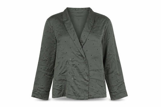 Front view of H&M women’s green polka dot polyester basic button-up, size M, v-neck