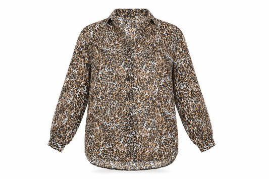 Front view of Et Vous women’s multicoloured animal print polyester basic button-up, size UK 12, collared