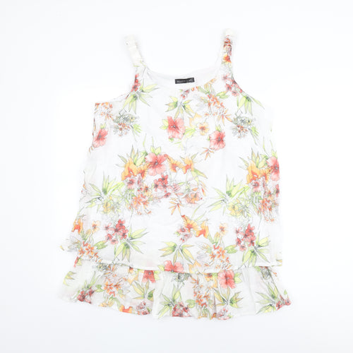 MILADYS Womens White Floral Nylon Basic T-Shirt Size 12 Round Neck