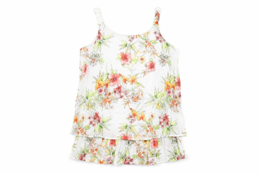Front view of MILADYS women’s white floral nylon basic t-shirt, size UK 12, round neck