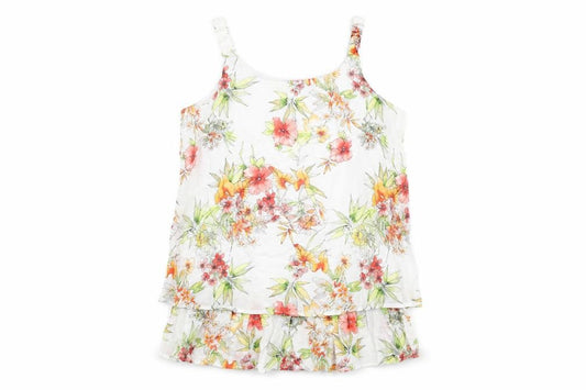 Front view of MILADYS women’s white floral nylon basic t-shirt, size UK 12, round neck