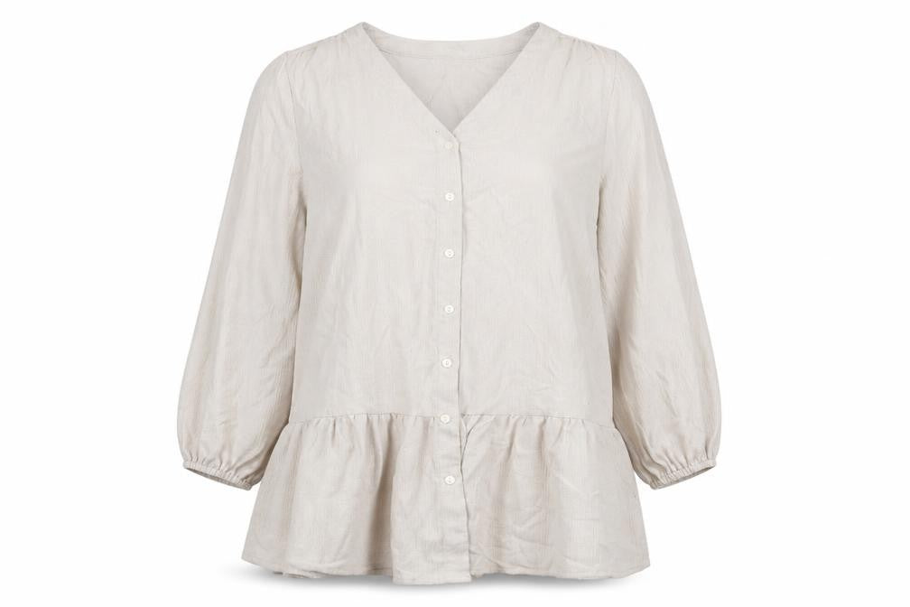 Front view of Bonmarché women’s beige polyester basic button-up, size UK 12, v-neck