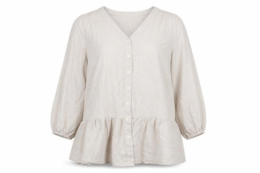 Front view of Bonmarché women’s beige polyester basic button-up, size UK 12, v-neck