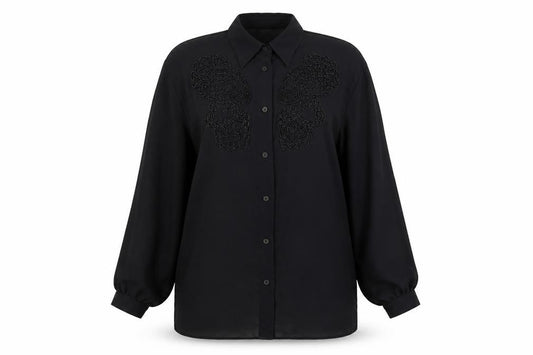 Front view of Elsie Whiteley women’s black polyester basic button-up, size UK 12, collared