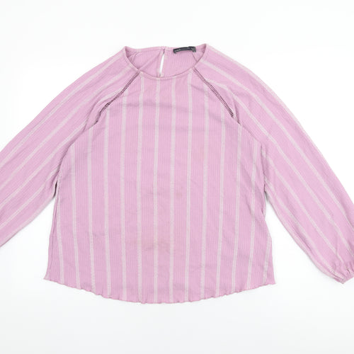 Marks and Spencer Womens Purple Striped Polyester Basic T-Shirt Size 12 Round Neck