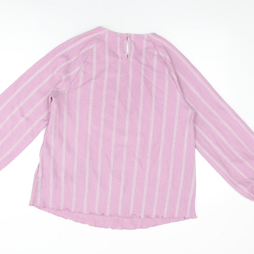 Marks and Spencer Womens Purple Striped Polyester Basic T-Shirt Size 12 Round Neck
