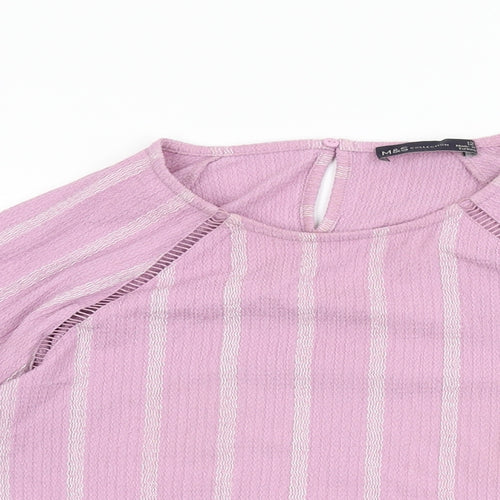 Marks and Spencer Womens Purple Striped Polyester Basic T-Shirt Size 12 Round Neck