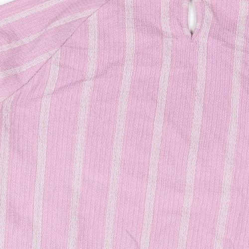 Marks and Spencer Womens Purple Striped Polyester Basic T-Shirt Size 12 Round Neck