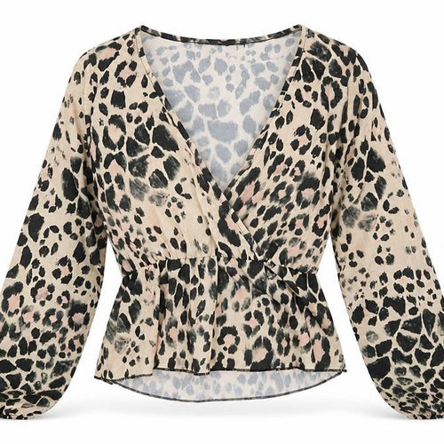 Boohoo Womens Beige Animal Print Polyester Wrap Blouse Size 8 V-Neck - Leopard Print
