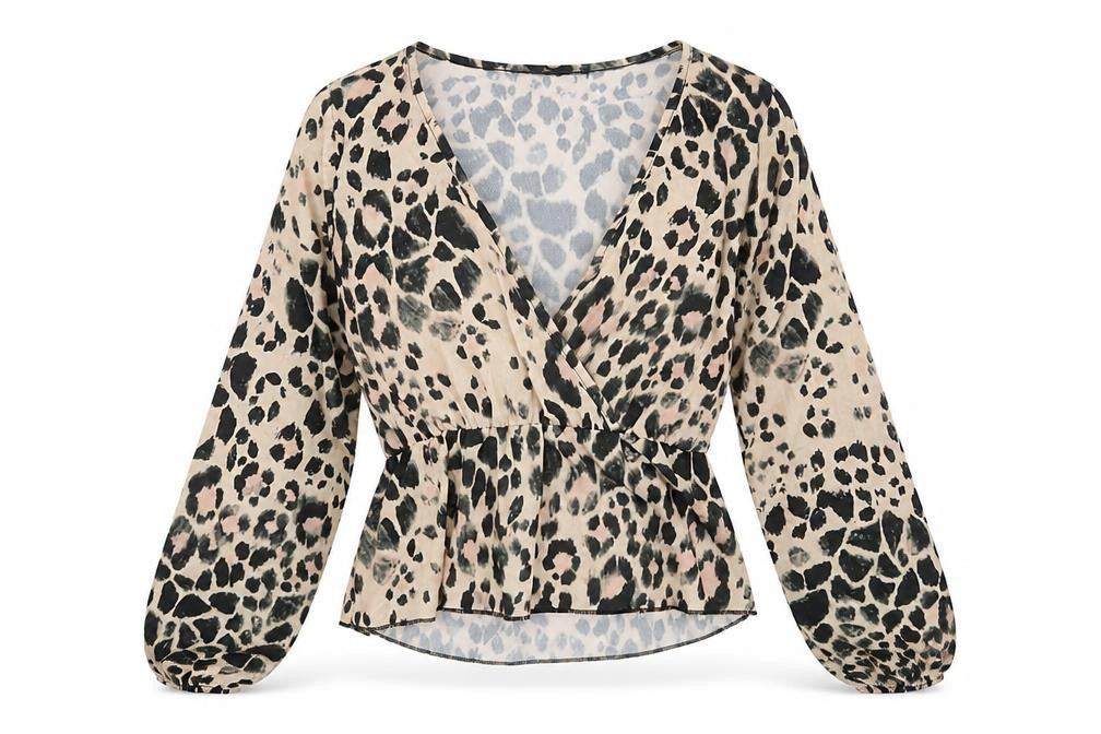 Boohoo Womens Beige Animal Print Polyester Wrap Blouse Size 8 V-Neck - Leopard Print