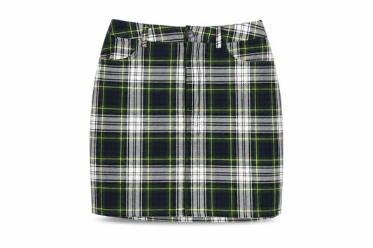 Front view of Urban renewal women’s green plaid polyester mini skirt, size XS, zip