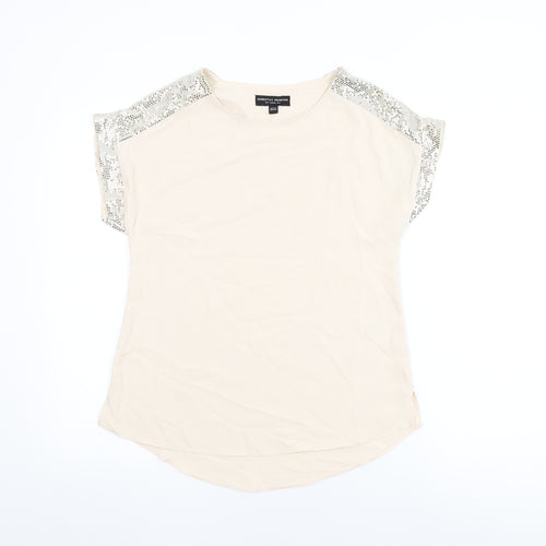 Dorothy Perkins Womens Beige Polyester Basic T-Shirt Size 8 Round Neck - Sparkle detail on sleeves