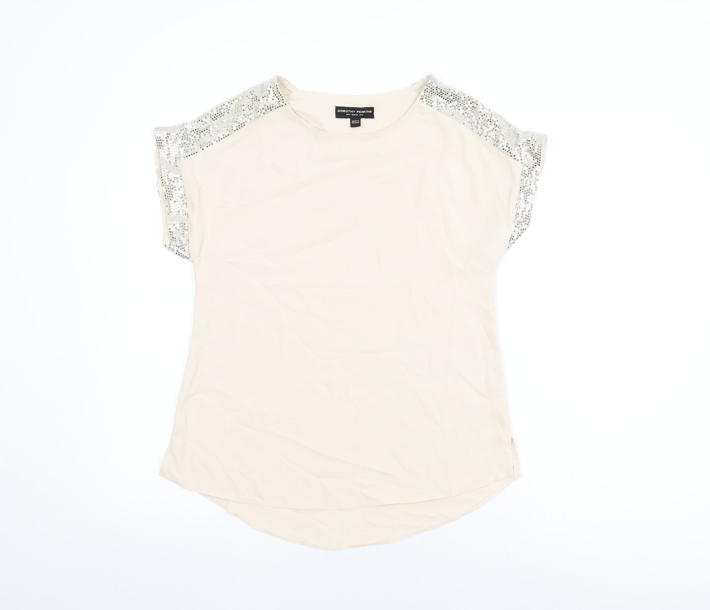 Dorothy Perkins Womens Beige Polyester Basic T-Shirt Size 8 Round Neck - Sparkle detail on sleeves