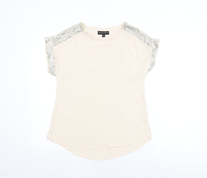 Dorothy Perkins Womens Beige Polyester Basic T-Shirt Size 8 Round Neck - Sparkle detail on sleeves