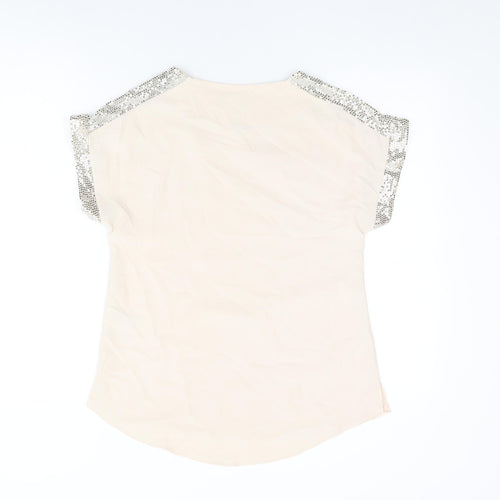 Dorothy Perkins Womens Beige Polyester Basic T-Shirt Size 8 Round Neck - Sparkle detail on sleeves