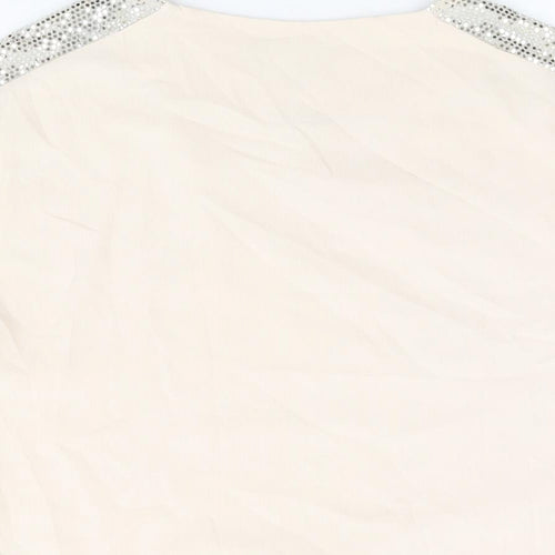 Dorothy Perkins Womens Beige Polyester Basic T-Shirt Size 8 Round Neck - Sparkle detail on sleeves