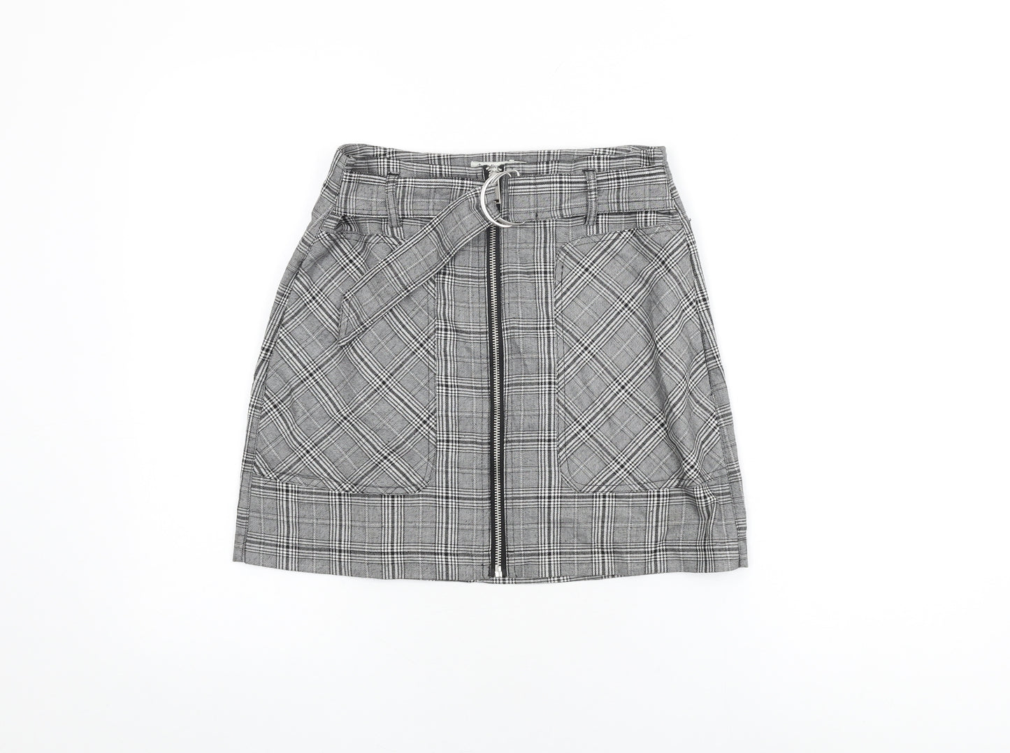 Stradivarius Womens Grey Plaid Viscose Mini Skirt Size 10 Zip