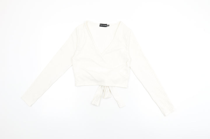 PRETTYLITTLETHING Womens White Polyester Wrap T-Shirt Size 10 V-Neck
